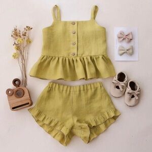 Linen Ruffle Top and Shorts Set in Mustard Yellow